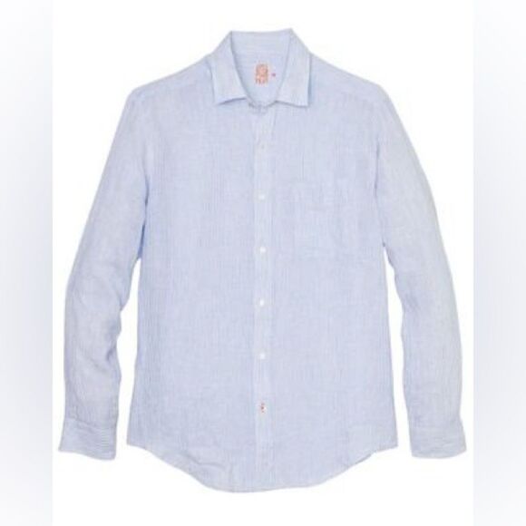 J. McLaughlin Linen Button Down Shirt Men’s XL Light Blue Stripe Classic Preppy - Picture 2 of 14